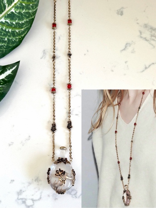 Jewelry - Apothecary Tiny Bottle Floral Motif Gold Necklace Long Jewelry Red Bead Gift NEW